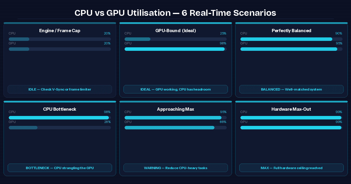 Six CPU vs GPU utilisation scenarios: idle, GPU-bound ideal, perfectly balanced, CPU bottleneck, approaching max, and hardware max-out